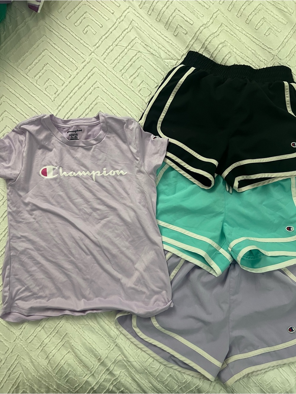 Girls Champion Lavender Logo Tee with Black, Mint and Lavender Sport Shorts